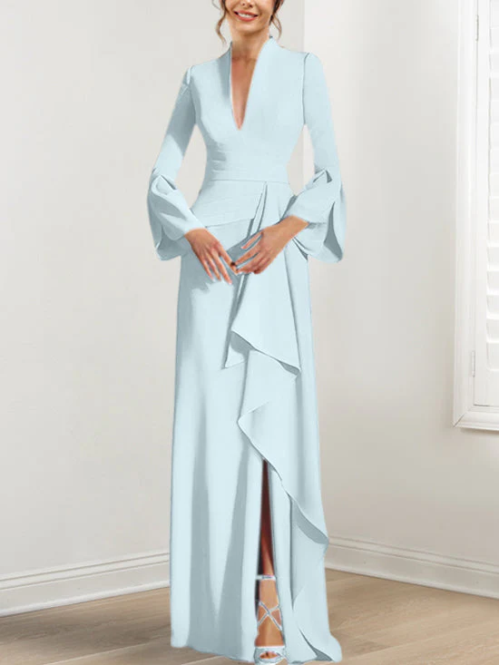 Sheath/Column V-Neck Long Sleeves Floor-Length Mother of the Bride Dresses With Split Side - Image 28
