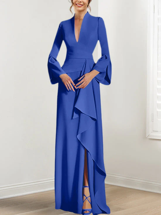 Sheath/Column V-Neck Long Sleeves Floor-Length Mother of the Bride Dresses With Split Side - Image 30