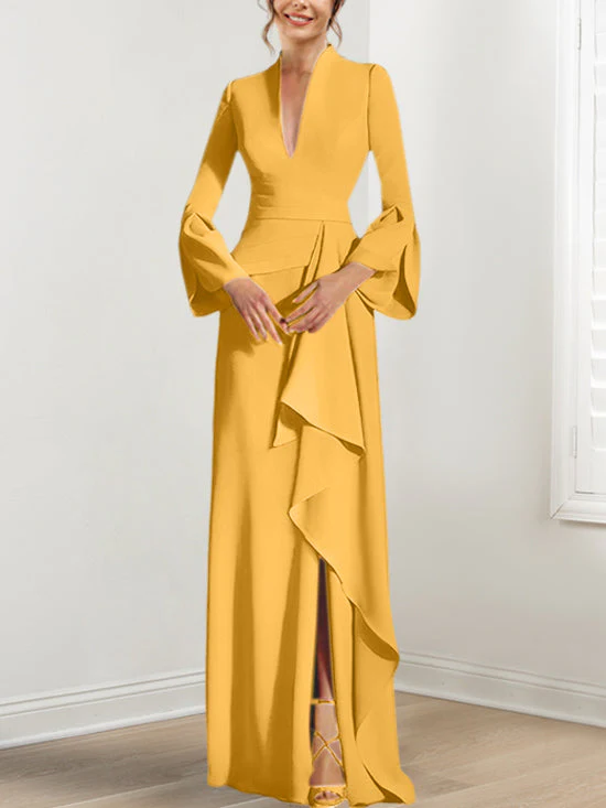 Sheath/Column V-Neck Long Sleeves Floor-Length Mother of the Bride Dresses With Split Side - Image 36