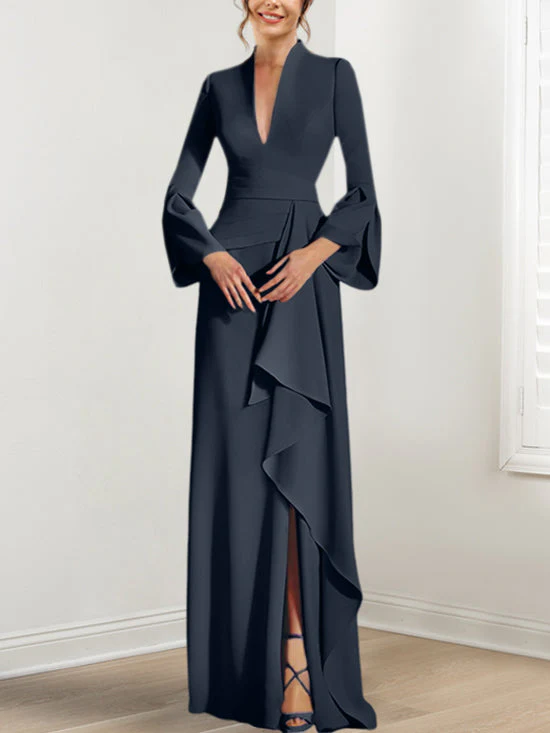 Sheath/Column V-Neck Long Sleeves Floor-Length Mother of the Bride Dresses With Split Side - Image 37