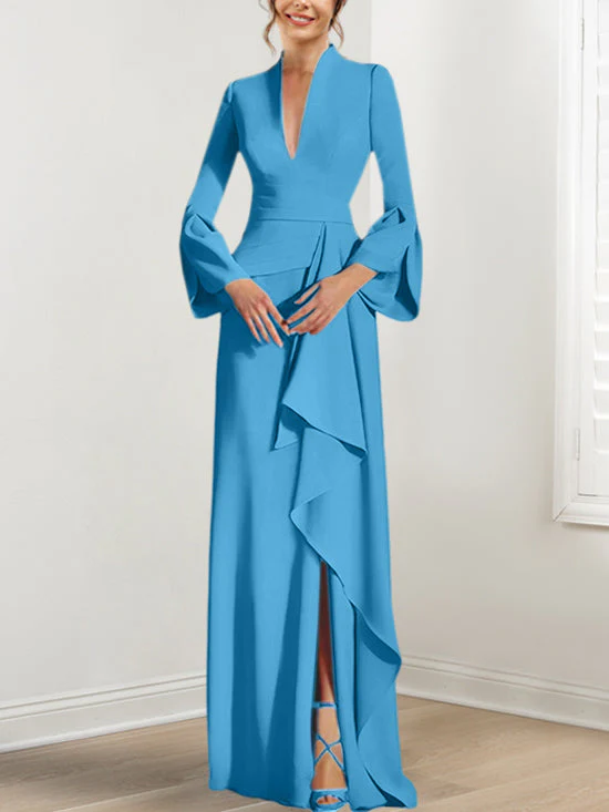 Sheath/Column V-Neck Long Sleeves Floor-Length Mother of the Bride Dresses With Split Side - Image 38