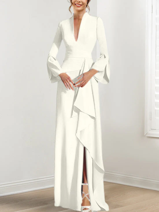 Sheath/Column V-Neck Long Sleeves Floor-Length Mother of the Bride Dresses With Split Side - Image 39