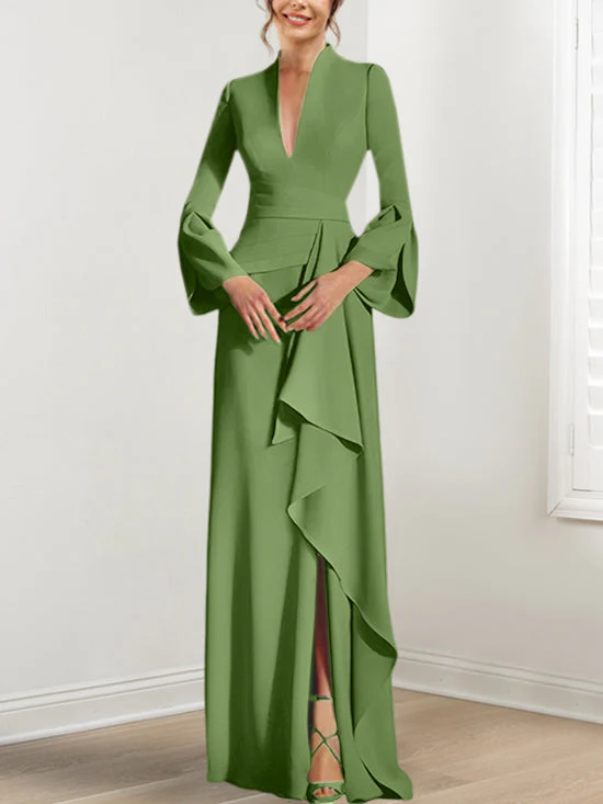 Sheath/Column V-Neck Long Sleeves Floor-Length Mother of the Bride Dresses With Split Side - Image 40