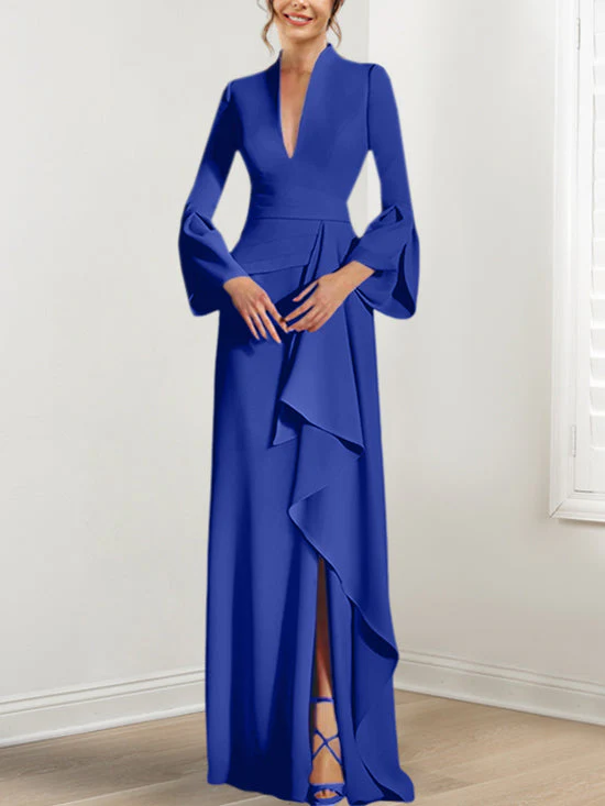 Sheath/Column V-Neck Long Sleeves Floor-Length Mother of the Bride Dresses With Split Side - Image 45