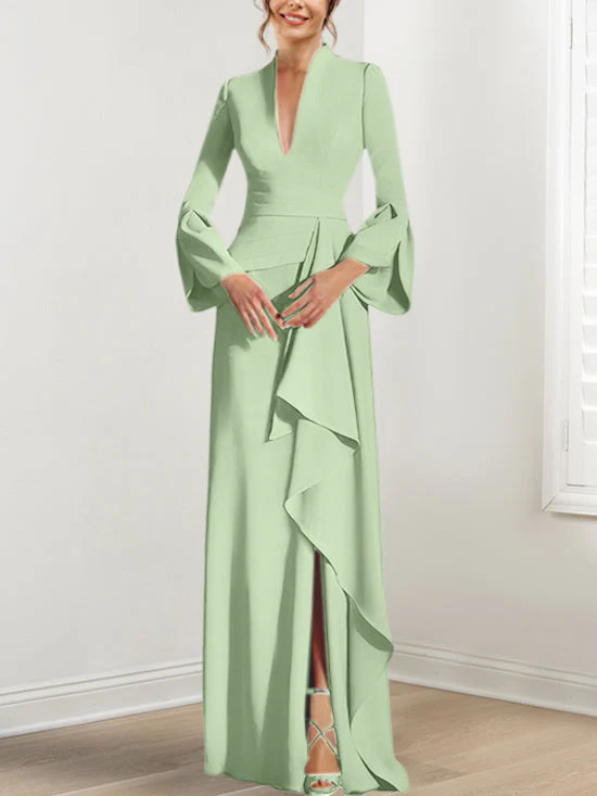 Sheath/Column V-Neck Long Sleeves Floor-Length Mother of the Bride Dresses With Split Side - Image 46