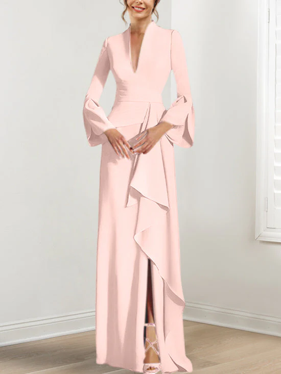 Sheath/Column V-Neck Long Sleeves Floor-Length Mother of the Bride Dresses With Split Side - Image 9