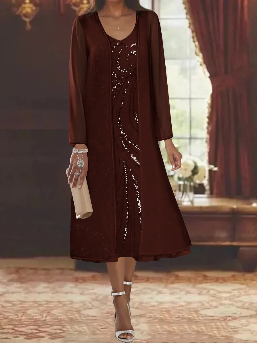 Sheath/Column V-Neck Long Sleeves Tea-Length Mother of the Bride Dresses with Jacket & Sequins - Image 13