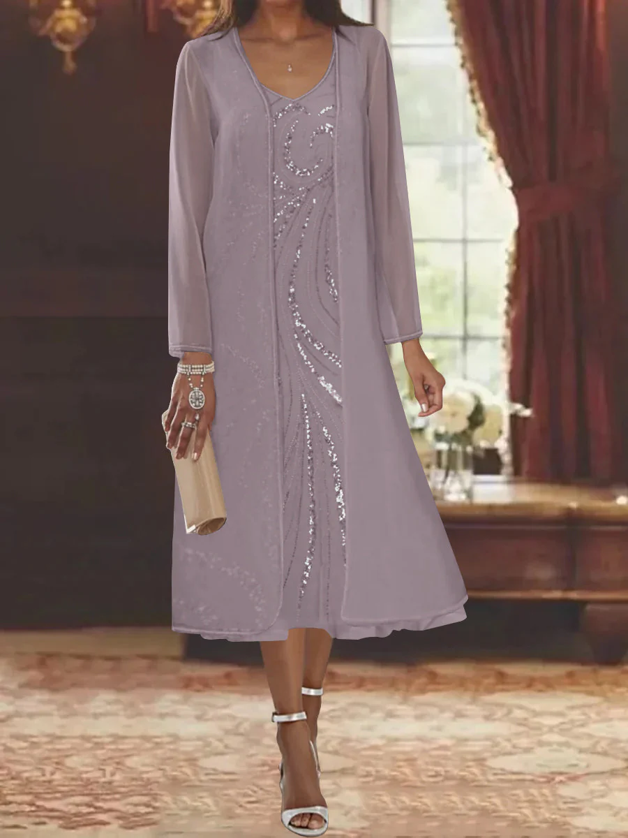 Sheath/Column V-Neck Long Sleeves Tea-Length Mother of the Bride Dresses with Jacket & Sequins - Image 18