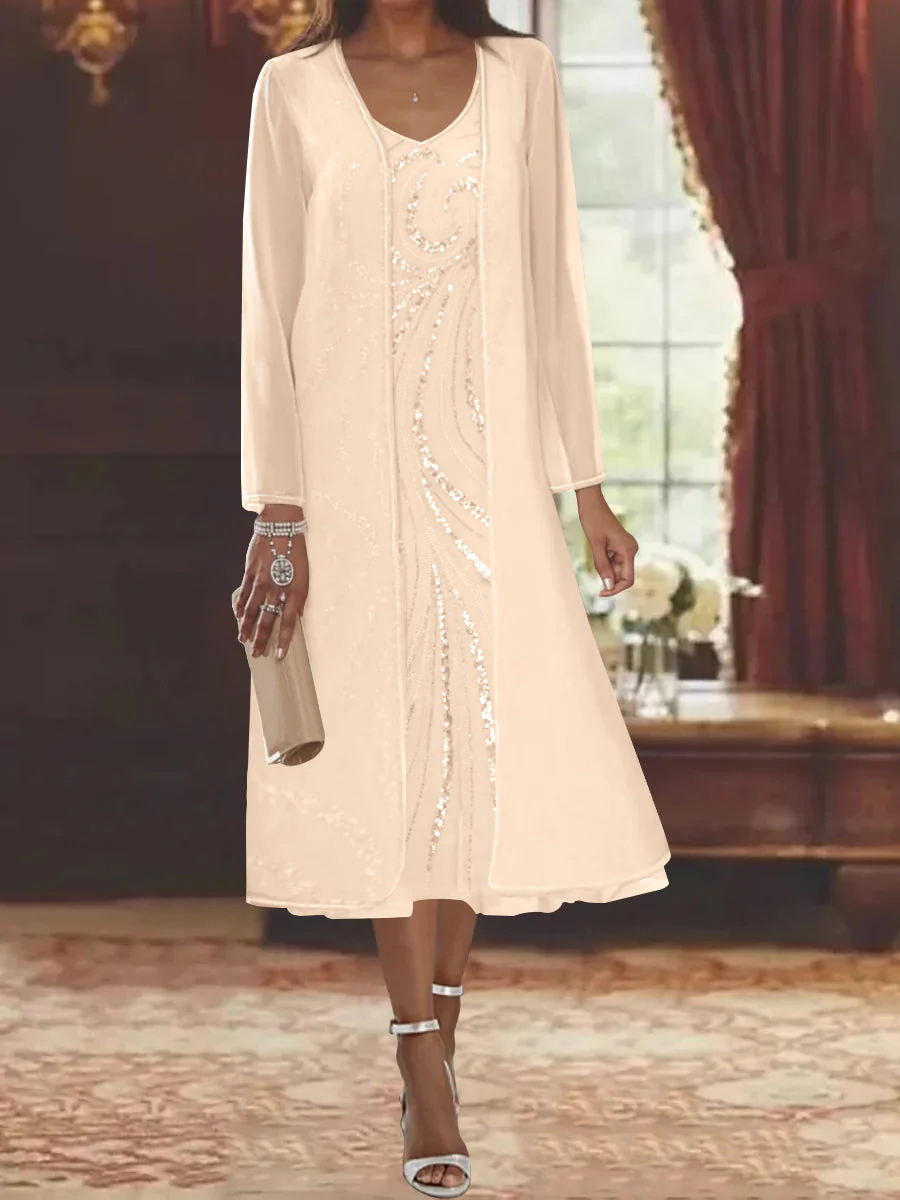 Sheath/Column V-Neck Long Sleeves Tea-Length Mother of the Bride Dresses with Jacket & Sequins - Image 27