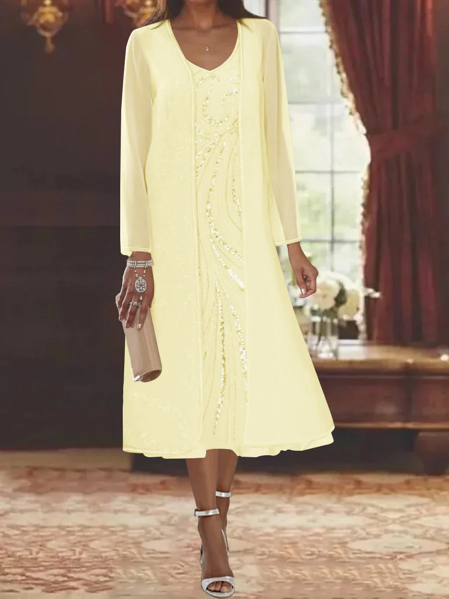 Sheath/Column V-Neck Long Sleeves Tea-Length Mother of the Bride Dresses with Jacket & Sequins - Image 33