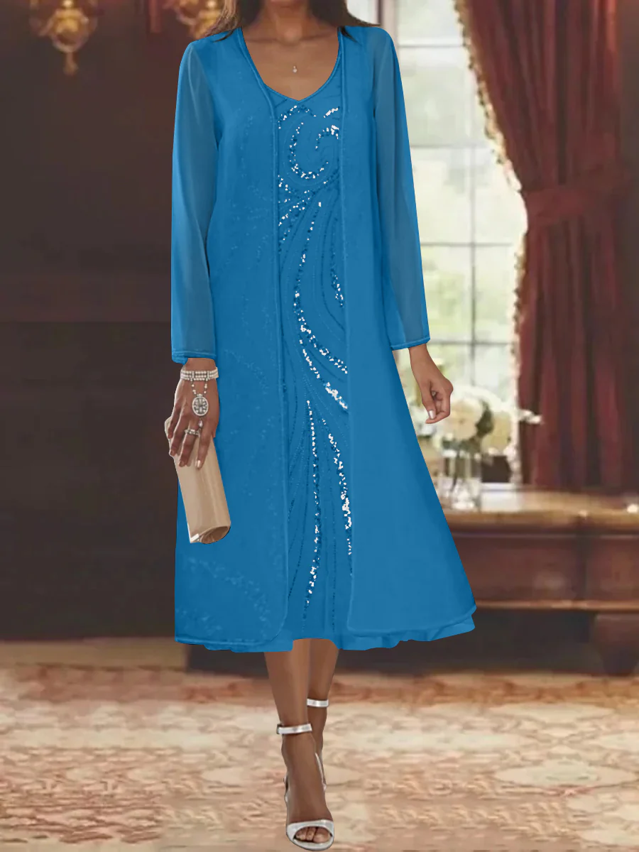 Sheath/Column V-Neck Long Sleeves Tea-Length Mother of the Bride Dresses with Jacket & Sequins - Image 56