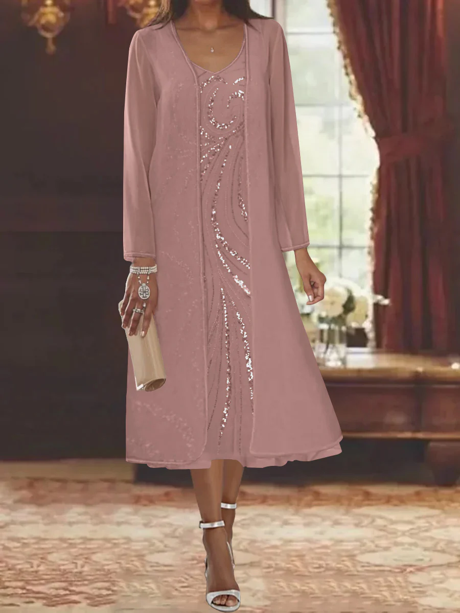 Sheath/Column V-Neck Long Sleeves Tea-Length Mother of the Bride Dresses with Jacket & Sequins - Image 57
