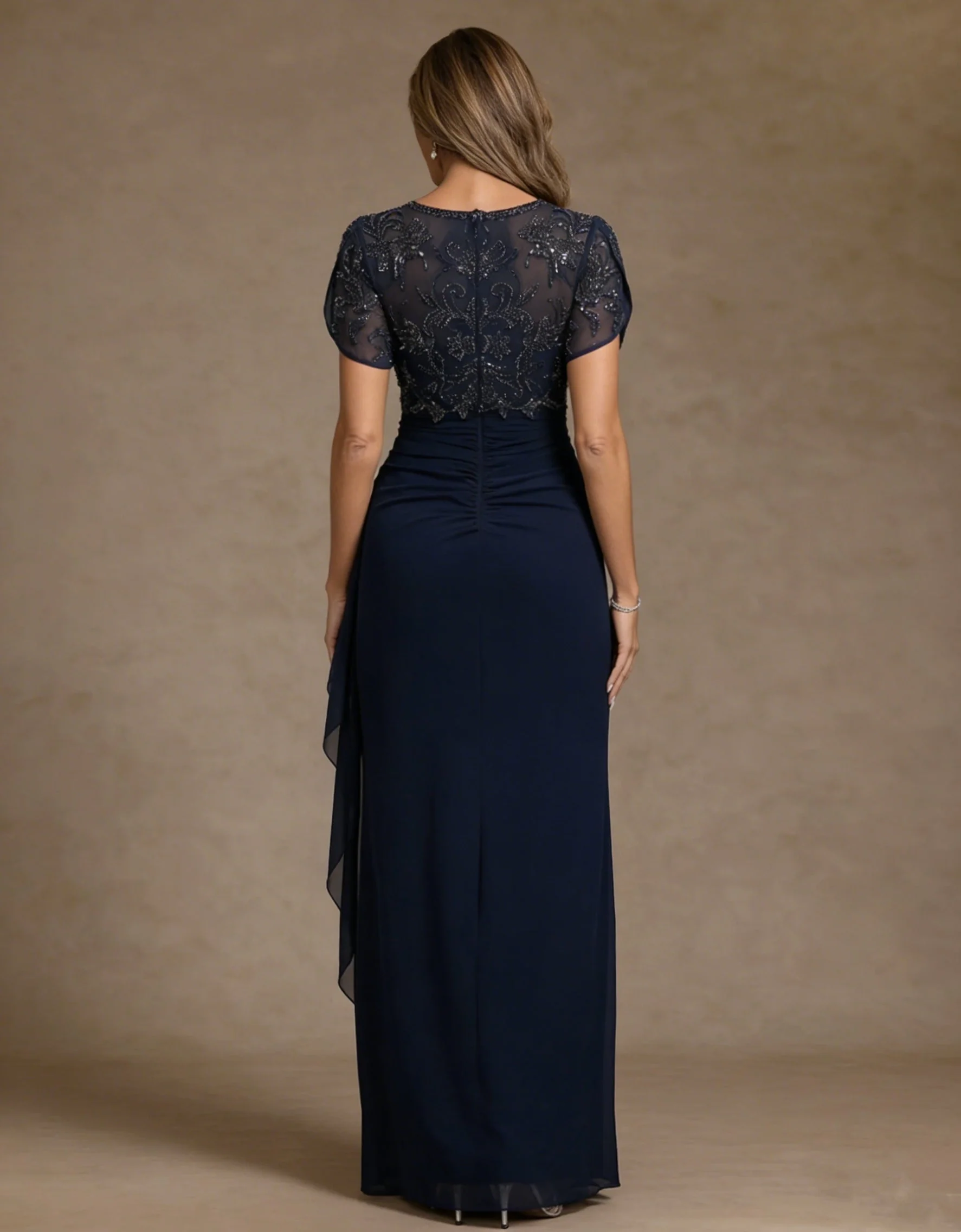 Sheath/Column V Neck Mother of the Bride Dresses Short Sleeves Chiffon Ankle Length Sequins Ruffles - Image 2