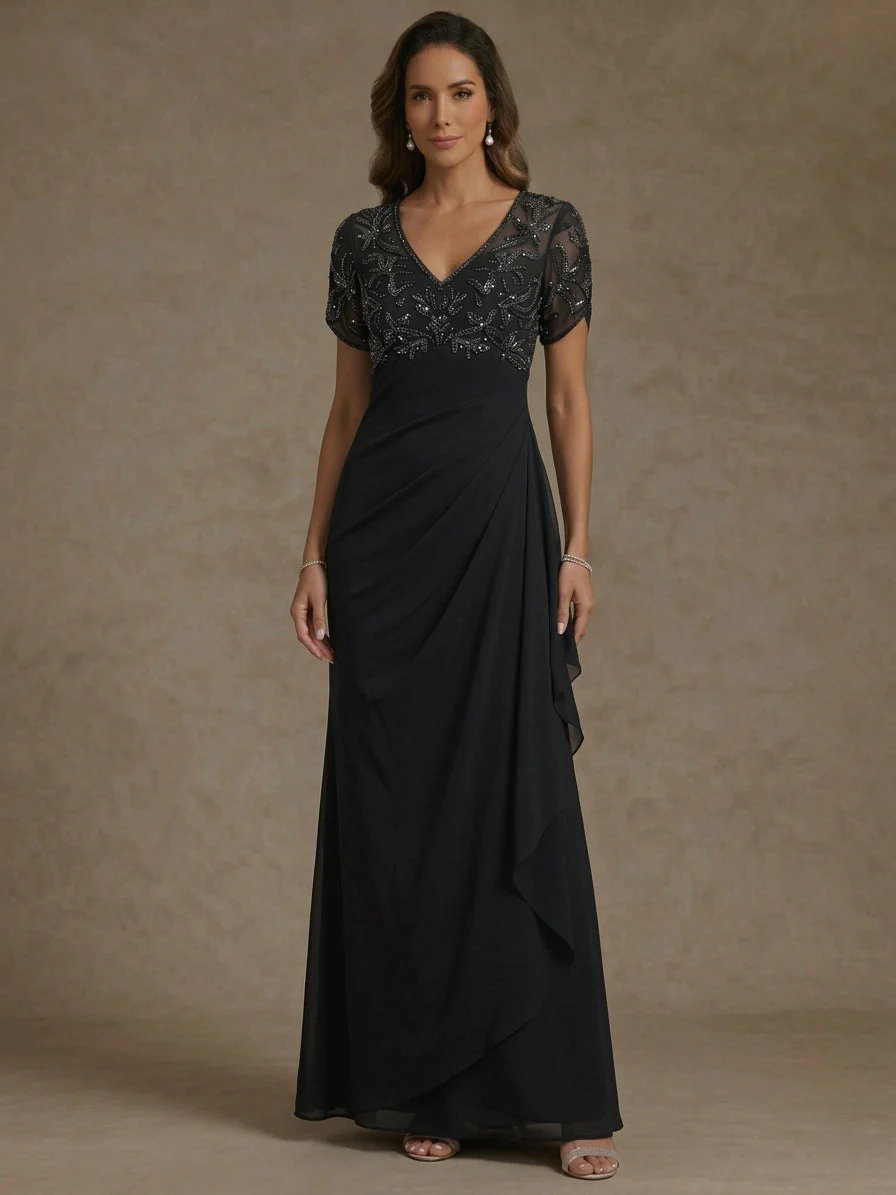 Sheath/Column V Neck Mother of the Bride Dresses Short Sleeves Chiffon Ankle Length Sequins Ruffles - Image 6