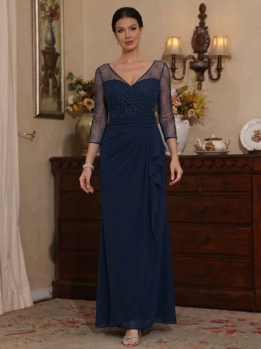 Sheath/Column V-Neck Mother of the Bride Dresses With Rhinestones Ruched Ruffles 3/4 Sleeves Ankle-Length - Image 3