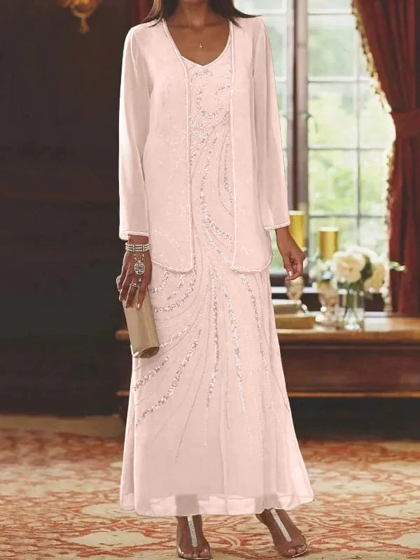 Sheath/Column V-Neck Mother of the Bride Dresses with Wraps - Image 37