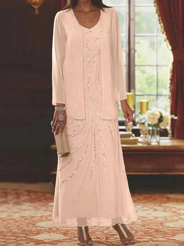 Sheath/Column V-Neck Mother of the Bride Dresses with Wraps - Image 53