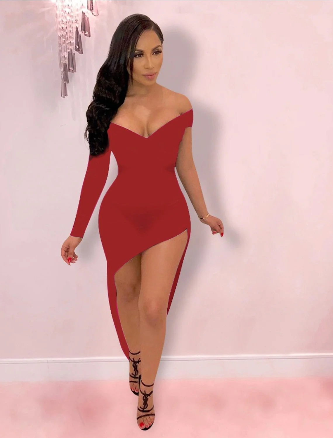 Sheath/Column V-Neck Off-the-Shoulder Wedding Guest Dresses with Split Side - Image 2