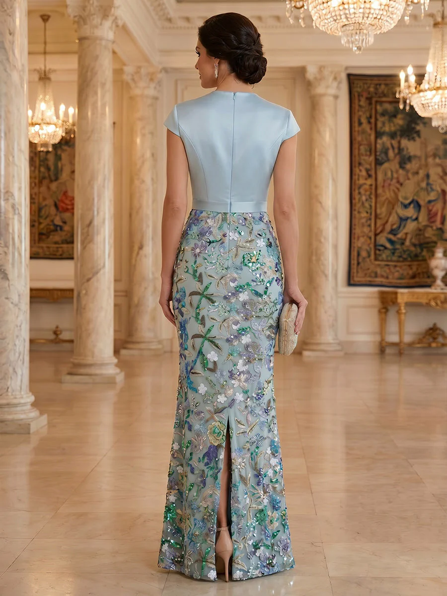 Sheath/Column V-Neck Sequins Formal Dresses with 3D Flower Floor-Length Cap Sleeves Evening Dresses - Image 2