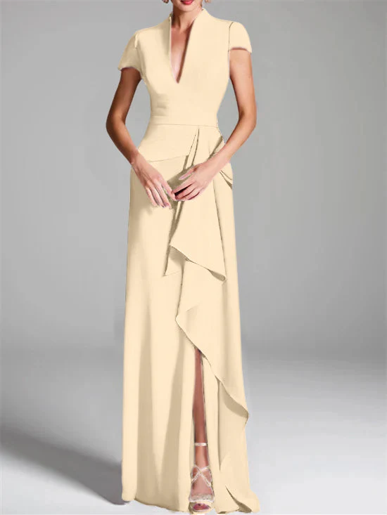 Sheath/Column V-Neck Short Sleeves Floor-Length Mother of the Bride Dresses with Split Side - Image 14