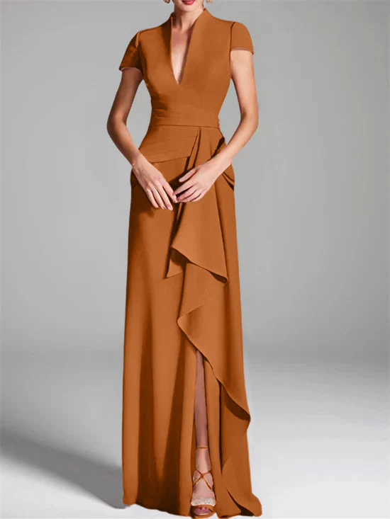 Sheath/Column V-Neck Short Sleeves Floor-Length Mother of the Bride Dresses with Split Side - Image 15