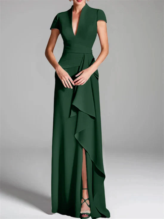 Sheath/Column V-Neck Short Sleeves Floor-Length Mother of the Bride Dresses with Split Side - Image 16