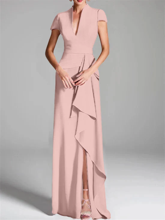 Sheath/Column V-Neck Short Sleeves Floor-Length Mother of the Bride Dresses with Split Side - Image 18