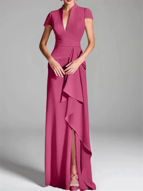 Sheath/Column V-Neck Short Sleeves Floor-Length Mother of the Bride Dresses with Split Side - Image 19