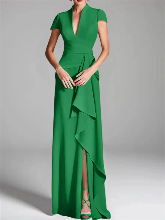 Sheath/Column V-Neck Short Sleeves Floor-Length Mother of the Bride Dresses with Split Side - Image 23