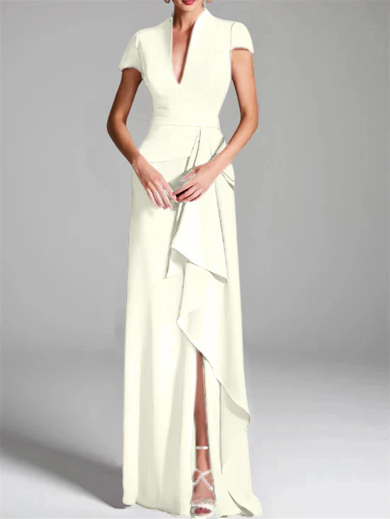 Sheath/Column V-Neck Short Sleeves Floor-Length Mother of the Bride Dresses with Split Side - Image 25