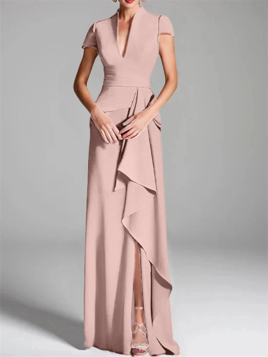 Sheath/Column V-Neck Short Sleeves Floor-Length Mother of the Bride Dresses with Split Side - Image 31