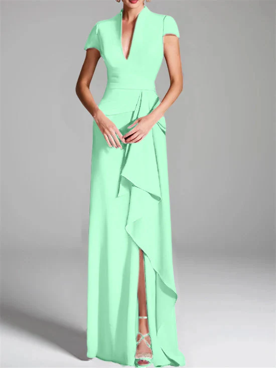 Sheath/Column V-Neck Short Sleeves Floor-Length Mother of the Bride Dresses with Split Side - Image 32