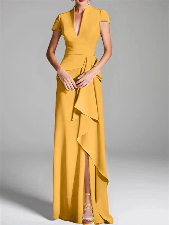 Sheath/Column V-Neck Short Sleeves Floor-Length Mother of the Bride Dresses with Split Side - Image 34