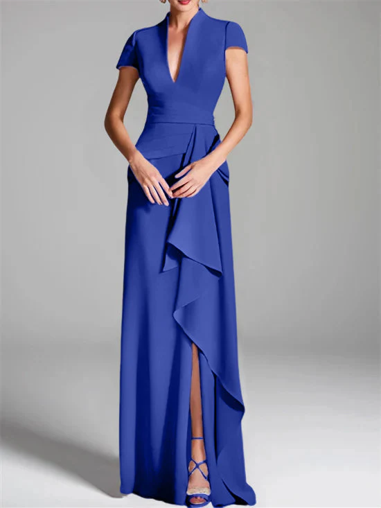 Sheath/Column V-Neck Short Sleeves Floor-Length Mother of the Bride Dresses with Split Side - Image 43