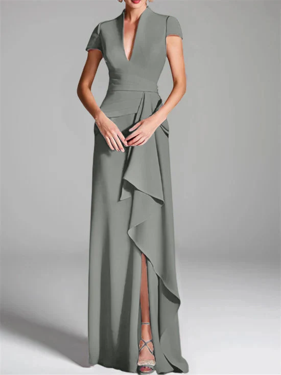 Sheath/Column V-Neck Short Sleeves Floor-Length Mother of the Bride Dresses with Split Side - Image 47