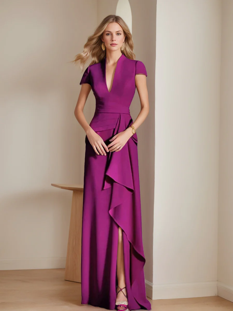 Sheath/Column V-Neck Short Sleeves Floor-Length Mother of the Bride Dresses with Split Side - Image 5