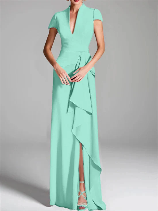 Sheath/Column V-Neck Short Sleeves Floor-Length Mother of the Bride Dresses with Split Side - Image 50