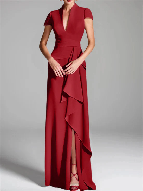 Sheath/Column V-Neck Short Sleeves Floor-Length Mother of the Bride Dresses with Split Side - Image 52