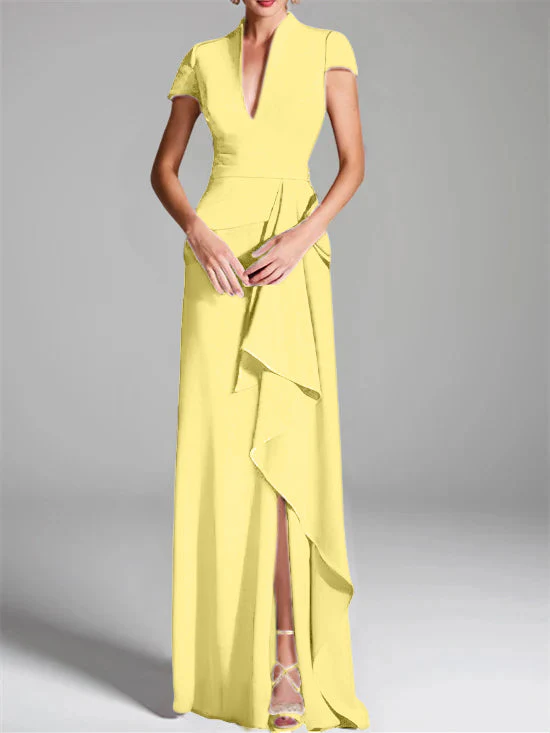 Sheath/Column V-Neck Short Sleeves Floor-Length Mother of the Bride Dresses with Split Side - Image 53