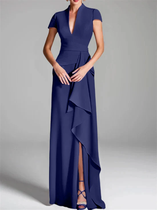 Sheath/Column V-Neck Short Sleeves Floor-Length Mother of the Bride Dresses with Split Side - Image 6