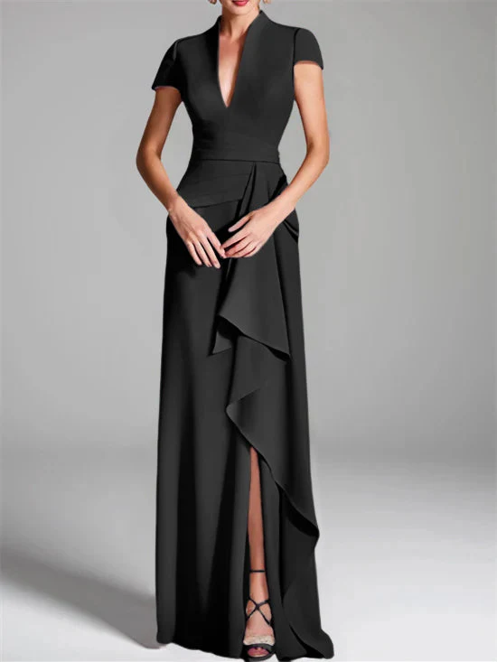 Sheath/Column V-Neck Short Sleeves Floor-Length Mother of the Bride Dresses with Split Side - Image 8