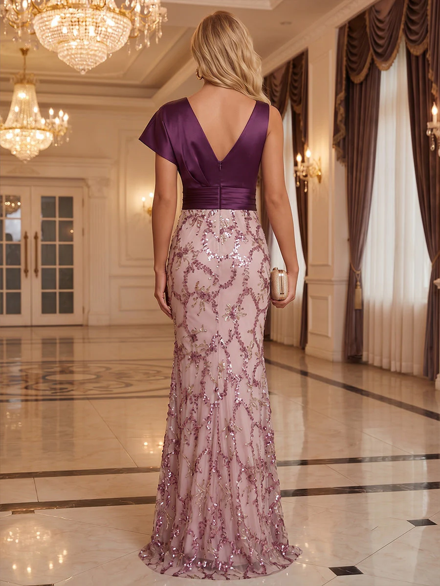 Sheath/Column V-Neck Silk Satin Formal Dresses Sequins Floor-Length Evening Dresses Short Sleeves - Image 2