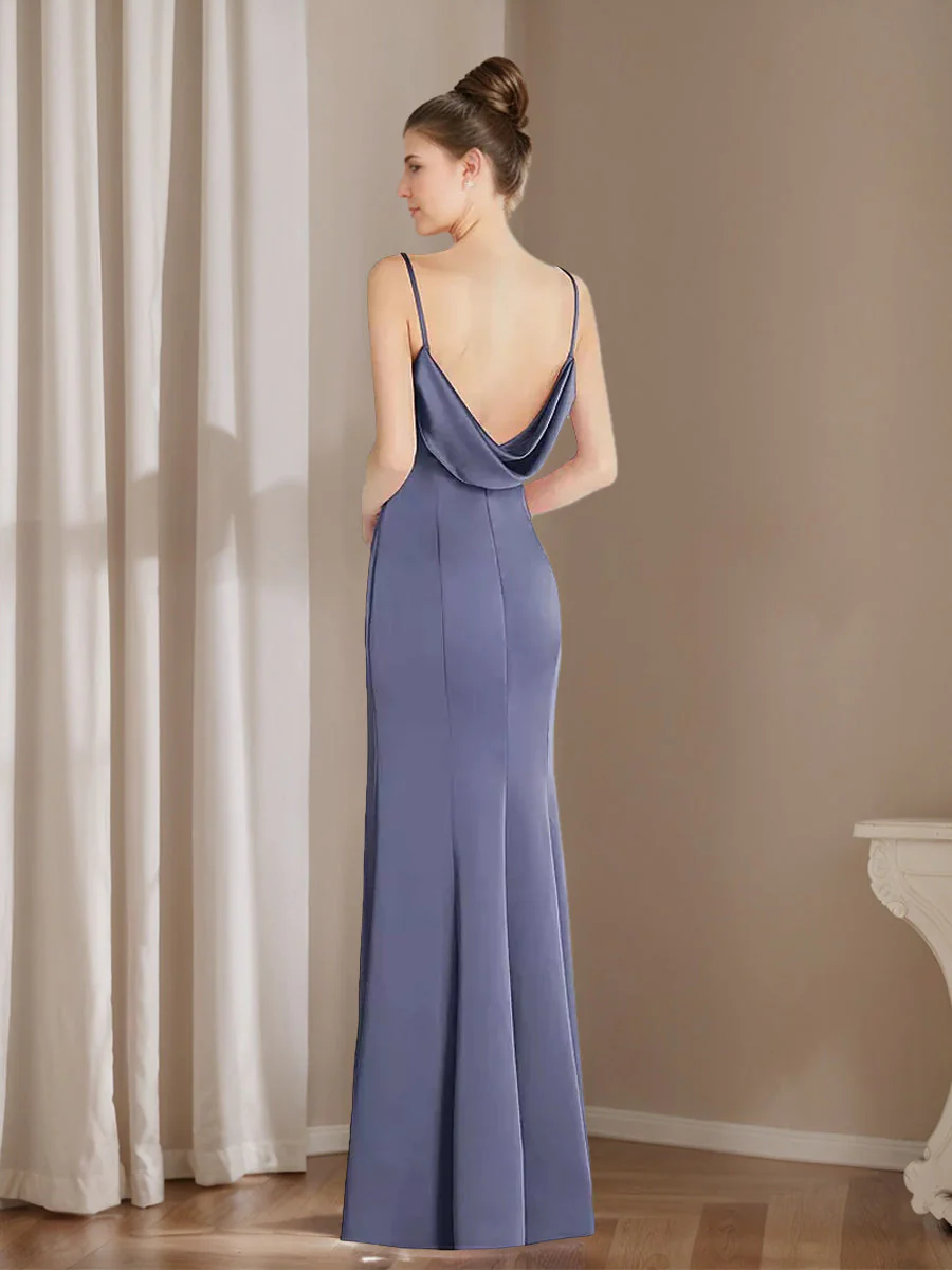 Sheath/Column V-neck Sleeveless Cowl-back Floor-Length Wedding Guest Dress with Pleats & Slit - Image 2