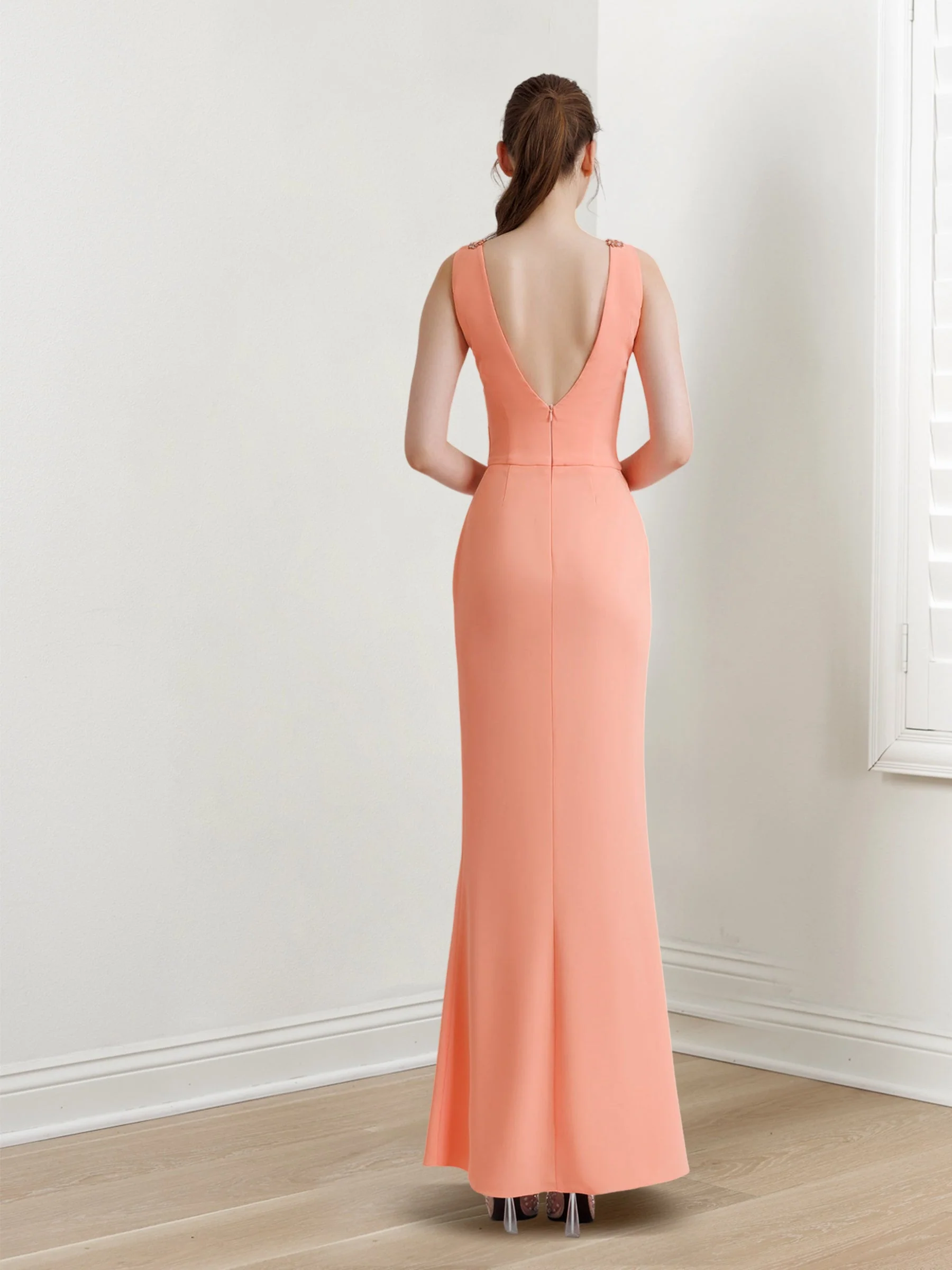 Sheath/Column V-Neck Sleeveless Floor-Length Long Evening Dresses with Split Side - Image 2