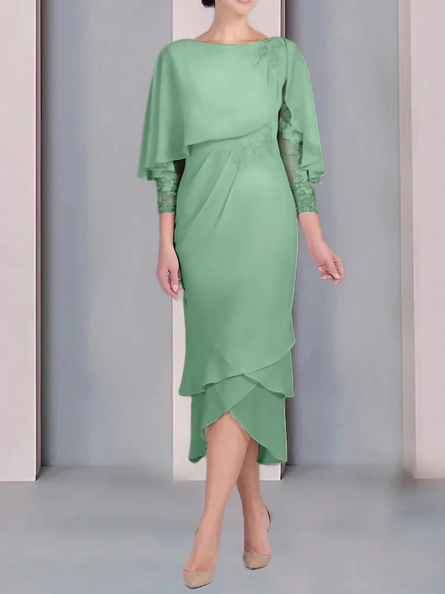 Sheath/Column Scoop Short Sleeves Tea-Length Mother of the Bride Dresses with Appliques & Lace - Image 22