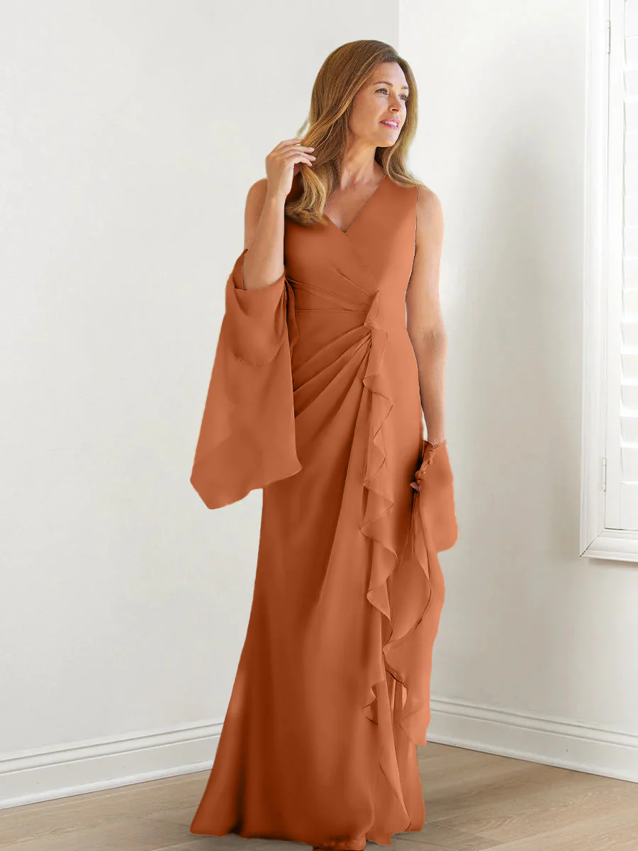 Sheath/Column V-Neck Sleeveless Floor-Length Mother of the Bride Dresses with Wraps & Ruffles - Image 10