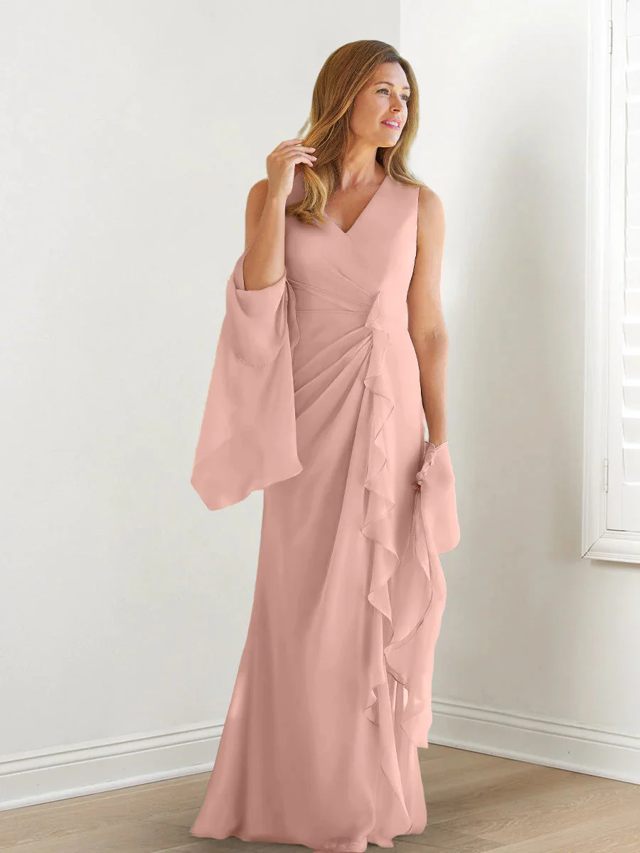 Sheath/Column V-Neck Sleeveless Floor-Length Mother of the Bride Dresses with Wraps & Ruffles - Image 19