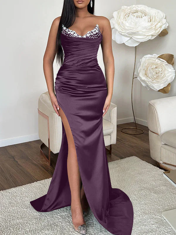 Sheath/Column V-neck Sleeveless Sweep Train High Split Evening Dresses - Image 10