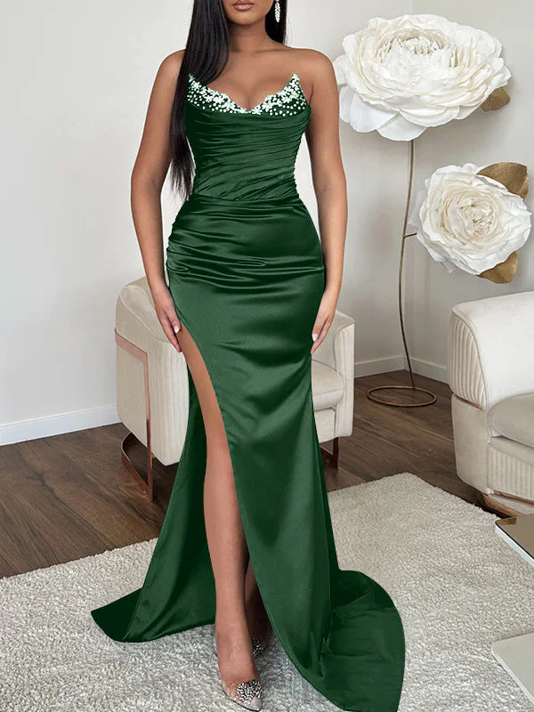 Sheath/Column V-neck Sleeveless Sweep Train High Split Evening Dresses - Image 11