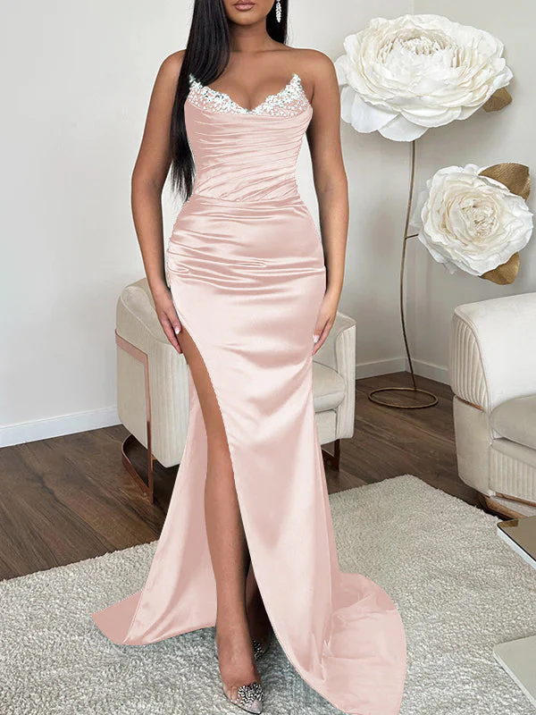 Sheath/Column V-neck Sleeveless Sweep Train High Split Evening Dresses - Image 12